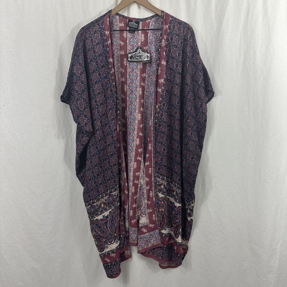 Angie Purple Spice Paisley Kimono Duster Womens Size L Boho Western Fall
